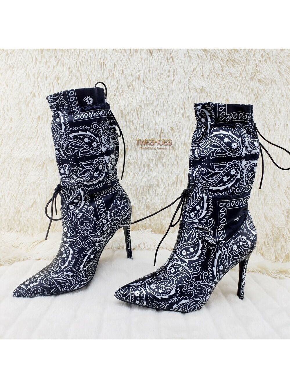 NIB Bandanna Madness Drawstring 4" Stiletto High Heel Mid Calf Boots Black - Picture 10 of 11